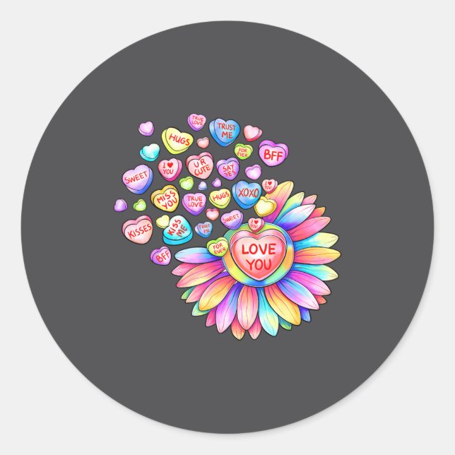 Love Sunflower Hearts Candy Valentines Day Womens  Classic Round Sticker (Front)