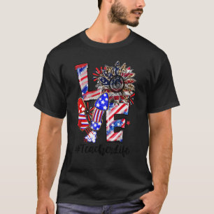 Love Sunflower Leopard Fireworks Teacher Life 4th T-Shirt
