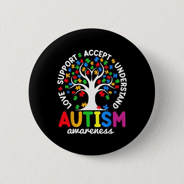 Love Support Accept Understand Puzzle Tree Autism  6 Cm Round Badge (Front)