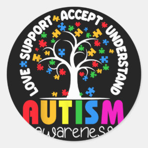 Love Support Accept Understand Puzzle Tree Autism Classic Round Sticker