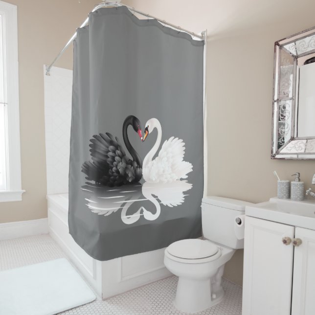 " Love Swan " Beautiful Black & White Swan Shower Curtain (In Situ)