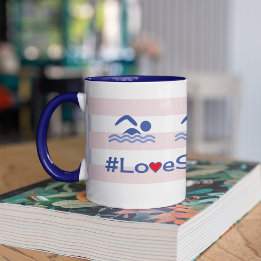 Love swimming hashtag quote pink stripes Two-Tone coffee mug