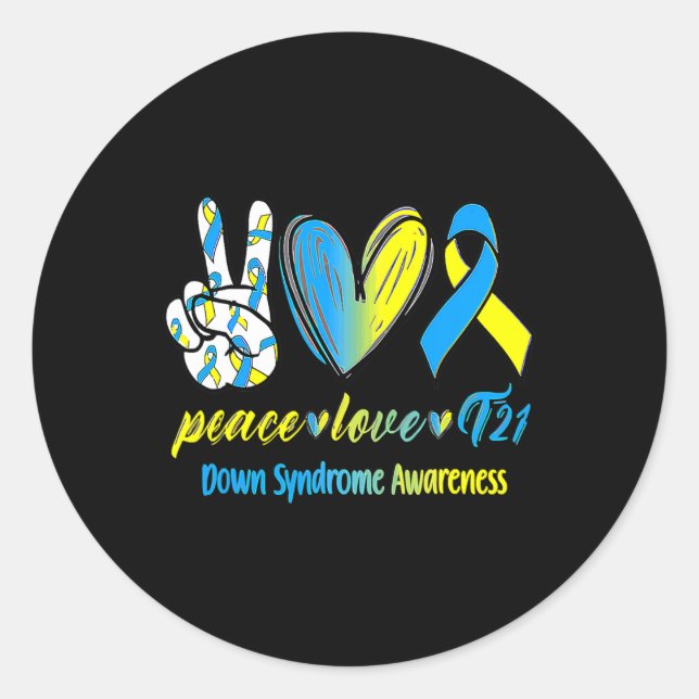 Love T21 Blue Yellow Ribbon Down Syndrome Awarenes Classic Round Sticker (Front)