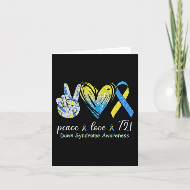 Love T21 Down Syndrome Awareness Blue Yellow Ribbo Card (Front)