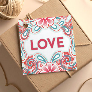 Love tag with pink and green flowers and swirls