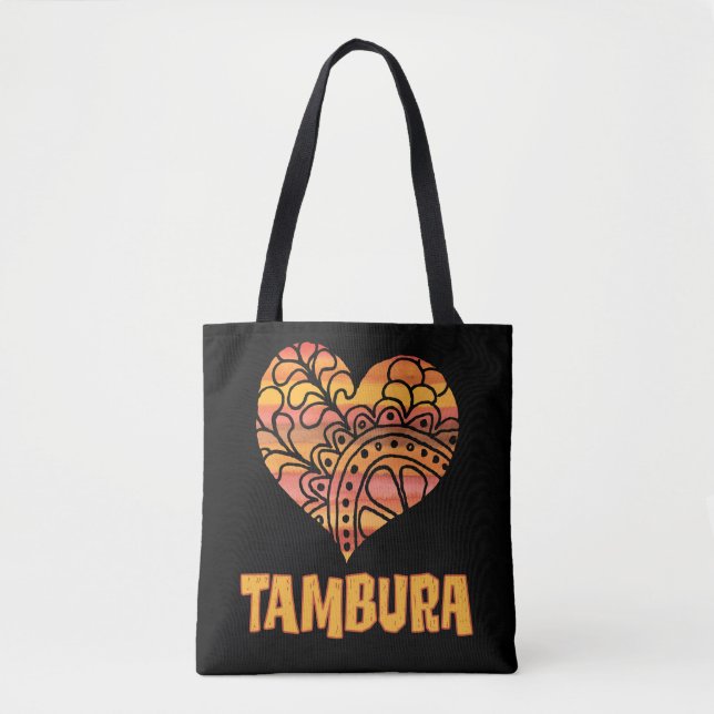 Love Tambura Orange Mandala Heart Indian Music Tote Bag (Front)