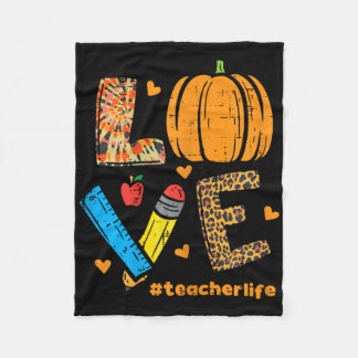 Love Teacher Pumpkin Leopard Fall Autumn Thanksgiv Fleece Blanket