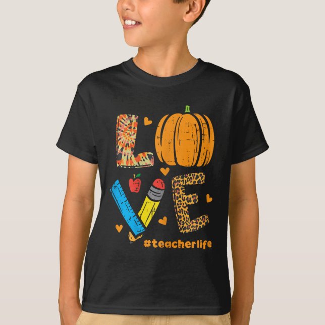 Love Teacher Pumpkin Leopard Fall Autumn Thanksgiv T-Shirt (Front)