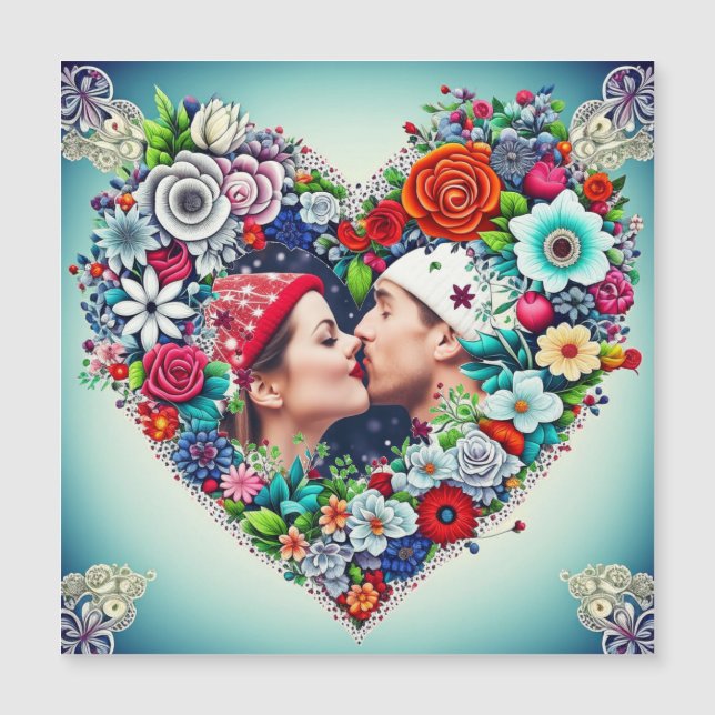 Love | Teal and Red Floral Heart with Couple's Pic (Front)