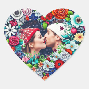 Love   Teal and Red Floral Heart with Couple's Pic Sticker
