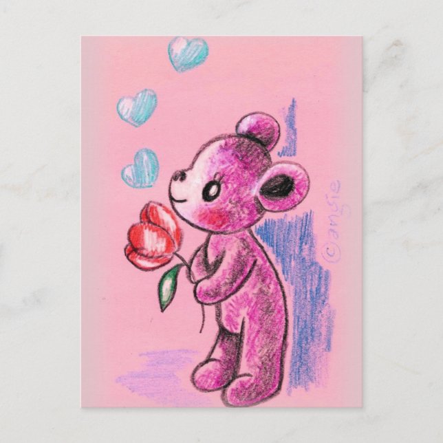 Love Teddy Bear With Tulip Postcard (Front)