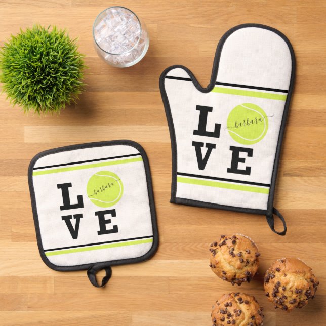 Love Tennis Ball Personalised Name Oven Mitt & Pot Oven Mitt & Pot Holder Set (Top Down)