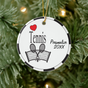 Love Tennis in Black and White Ceramic Tree Decoration