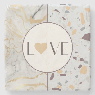 Love Terrazzo Marble Stone Coaster with Gold Heart