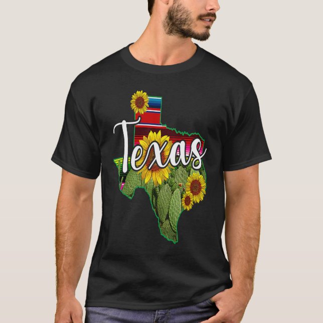 Love Texas State Cactus Sunflower Love Boho Serape T-Shirt (Front)