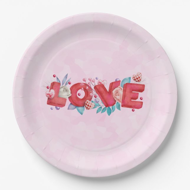 Love Text Bold Block Font Watercolor Paper Plate (Front)