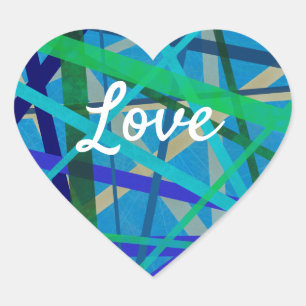 Love Text Heart Shape Blue & Green Geometric Lines Sticker