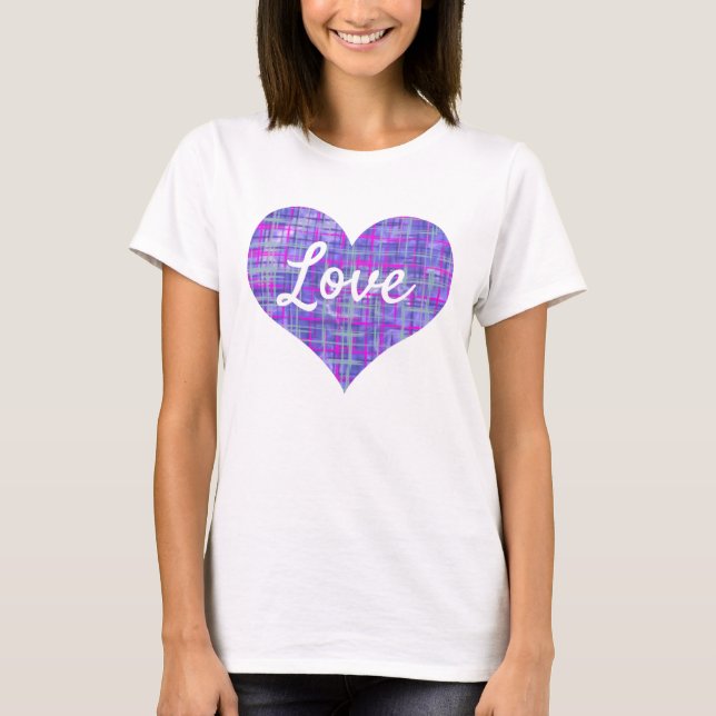 Love Text Heart Shape Pink & Purple Grid T-Shirt (Front)