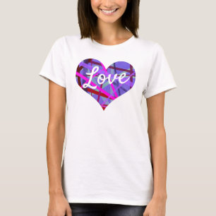 Love Text Heart Shape Pink & Purple Lines Pattern T-Shirt