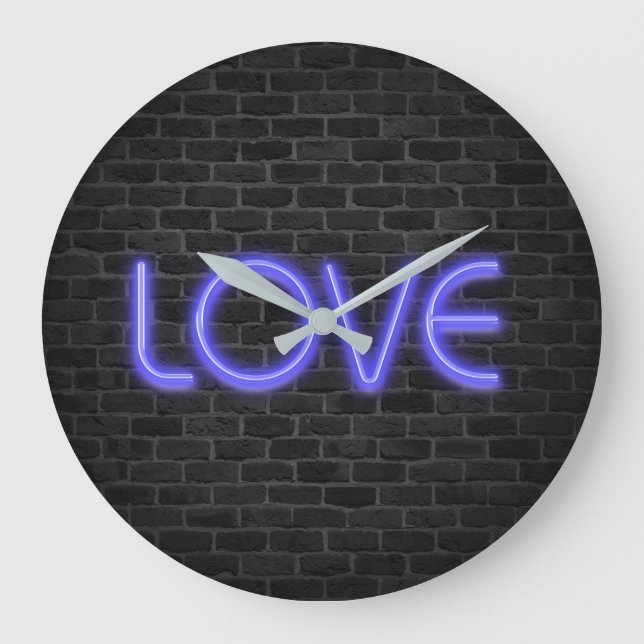 LOVE text in neon lights on brick Large Clock (Front)