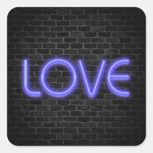LOVE text in neon lights on brick Square Sticker