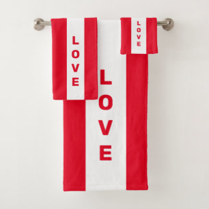 Love text on red and white striped bath towel set