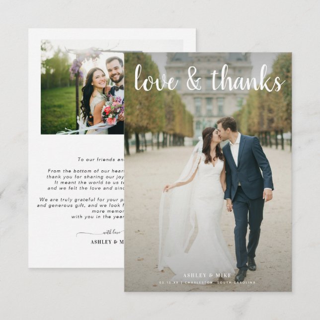 LOVE & THANKS | 2 Photo Black & White Wedding Than Thank You Card (Front/Back)
