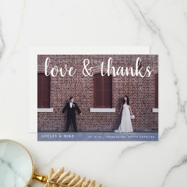Love & Thanks 2 Photo QR Code Wedding Thank You Card (Front/Back In Situ)
