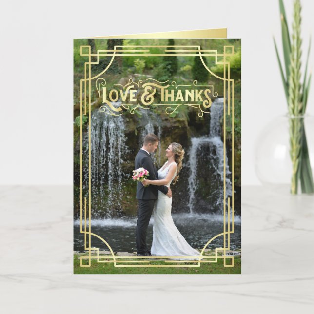 Love & Thanks Art Deco Gold Green Add Your Photo Thank You Card (Front)