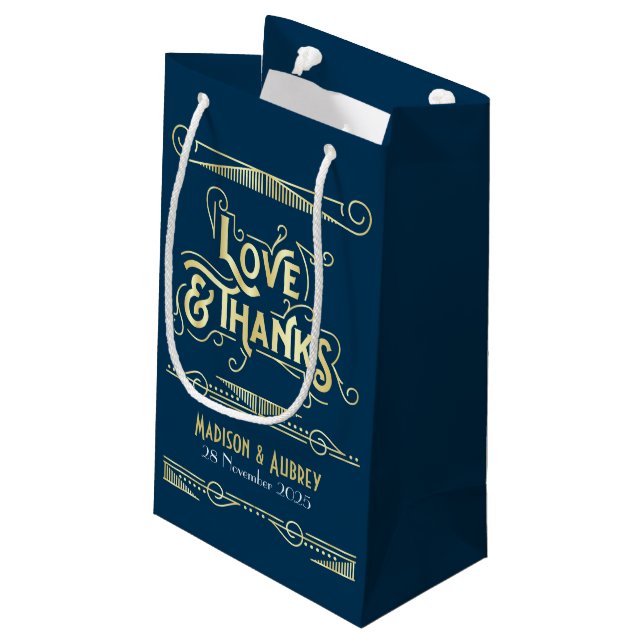 Love & Thanks Art Deco Wedding Gold Blue Favour Small Gift Bag (Back Angled)