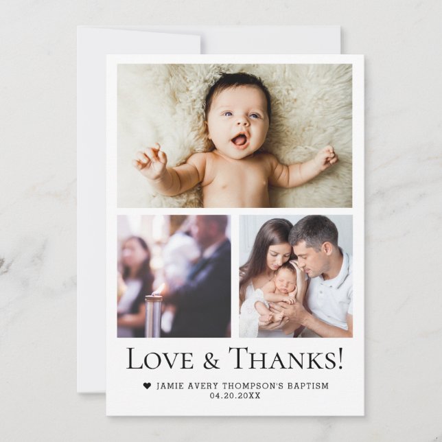 Love & Thanks Baby Baptism Photo Collage Grid  Thank You Card (Front)