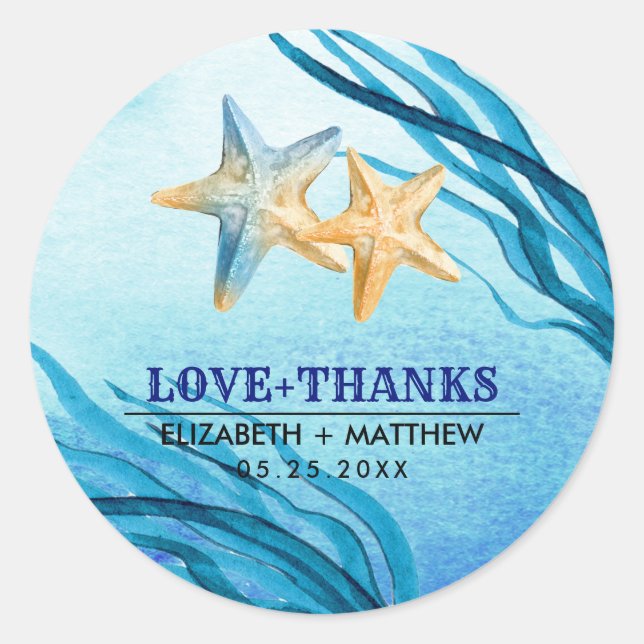 Love & Thanks. Beach Starfish Wedding Classic Round Sticker (Front)