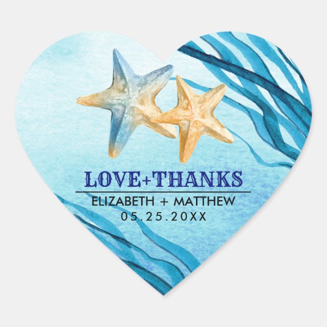 Love & Thanks. Beach Starfish Wedding Stickers (Front)