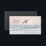 Love & Thanks Beach Wedding Favour Magnet<br><div class="desc">Beach destination wedding small mini magnet favour (the size of a business card) with a personalised heart aeroplane monogram logo over a blush pink sunset on a sand beach with ocean waves and modern "love and thanks" quote design. Click “Customise Further” for advanced editing of the design such as changing...</div>