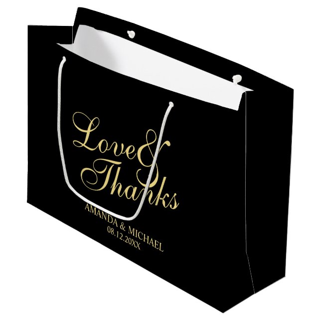 'Love & Thanks' Black & Gold Elegant Wedding Large Gift Bag (Front Angled)