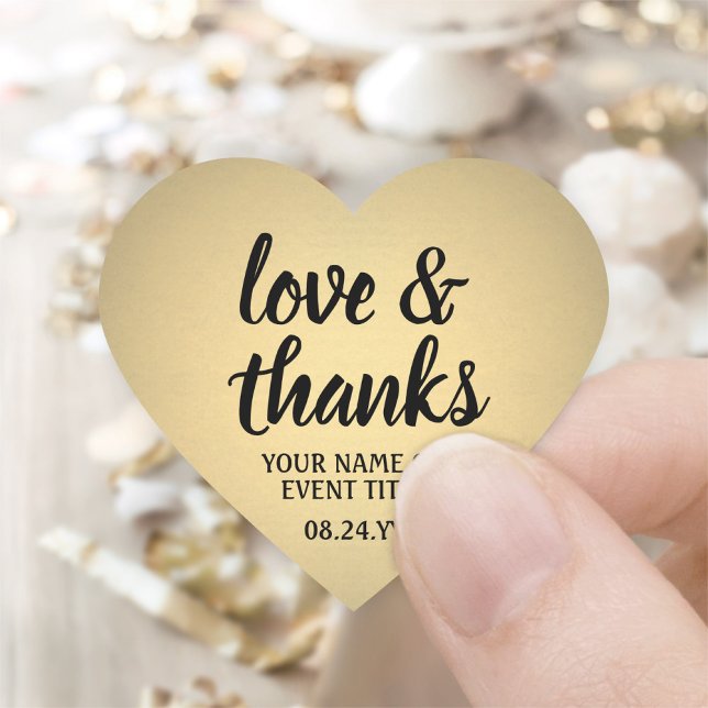 Love & Thanks Black & Gold Faux Foil Simple Script Heart Sticker (Creator Uploaded)