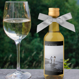 Love & Thanks Black Minimalist Wedding Photo Mini Wine Label