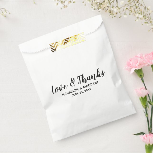 Love & Thanks black stylish script modern wedding Favour Bags (Sealed)