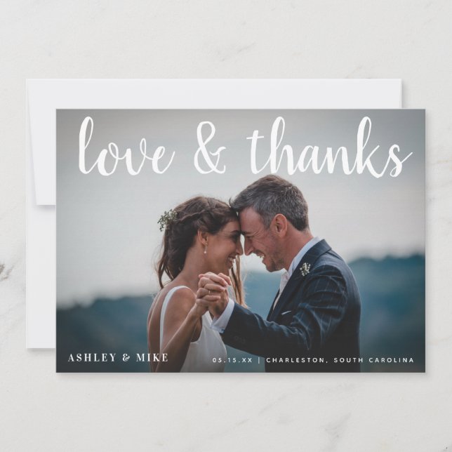 LOVE & THANKS | Black & White 3 Photo Wedding Thank You Card (Front)