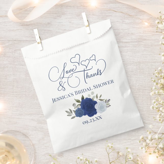 Love & Thanks Blue Boho Roses Bridal Shower Favour Bags (Clipped)