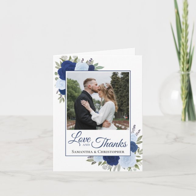 Love & Thanks Blue Boho Roses Wedding Photo  Thank You Card (Front)