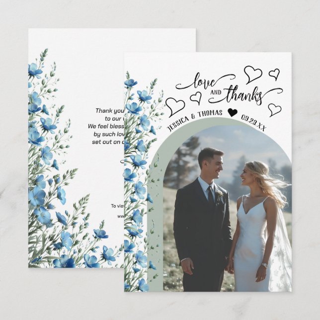 Love Thanks Blue Wildflowers Photo QR Code Wedding Thank You Card (Front/Back)