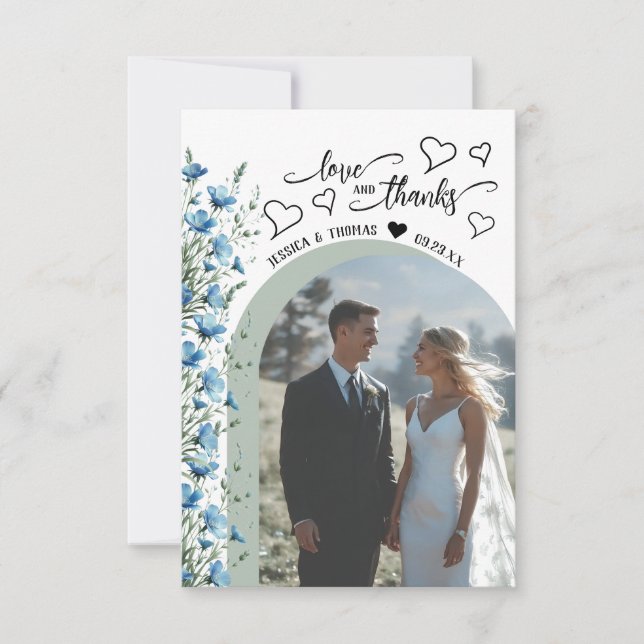 Love Thanks Blue Wildflowers Photo QR Code Wedding Thank You Card (Front)