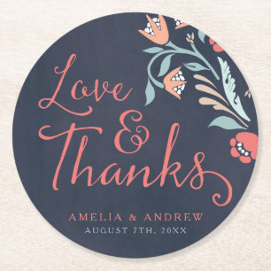 Love & Thanks Bluish Chalkboard Floral Wedding Round Paper Coaster