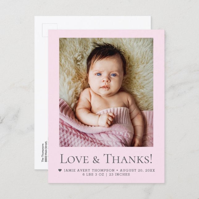 Love & Thanks Blush Pink Baby Photo announcement Postcard (Front/Back)