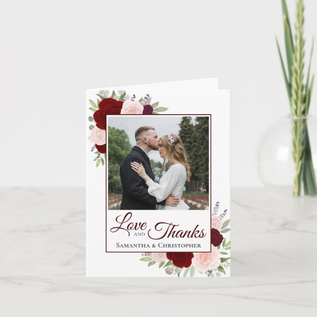 Love & Thanks Burgundy Blush Roses Wedding Photo  Thank You Card (Front)