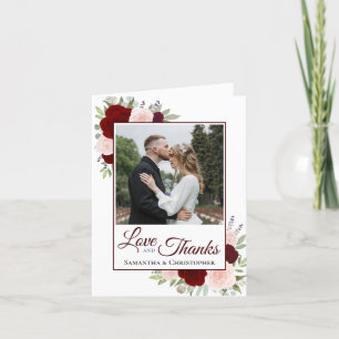 Love & Thanks Burgundy Blush Roses Wedding Photo  Thank You Card