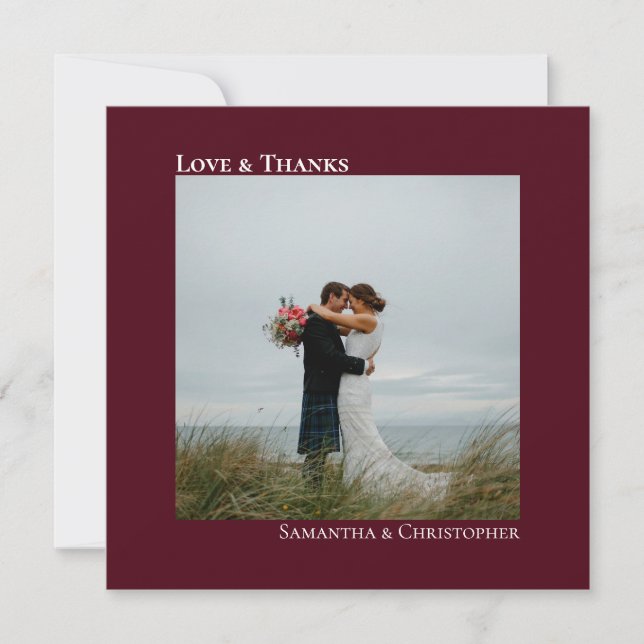 Love & Thanks Burgundy Wedding Photo Thank You Card (Front)