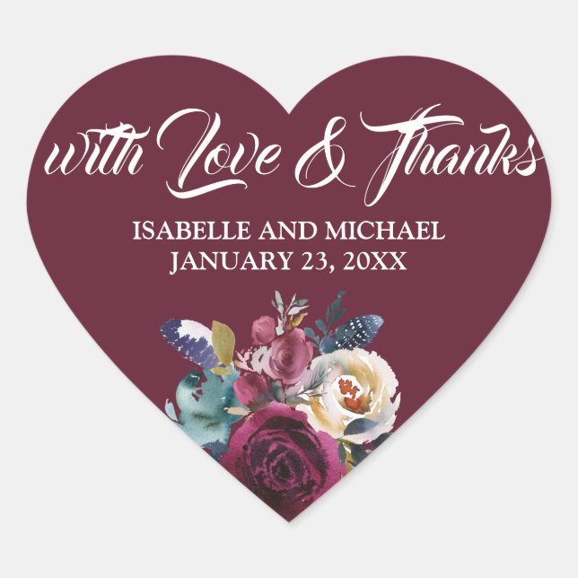 Love & Thanks Burgundy, White Wedding Heart Sticker (Front)