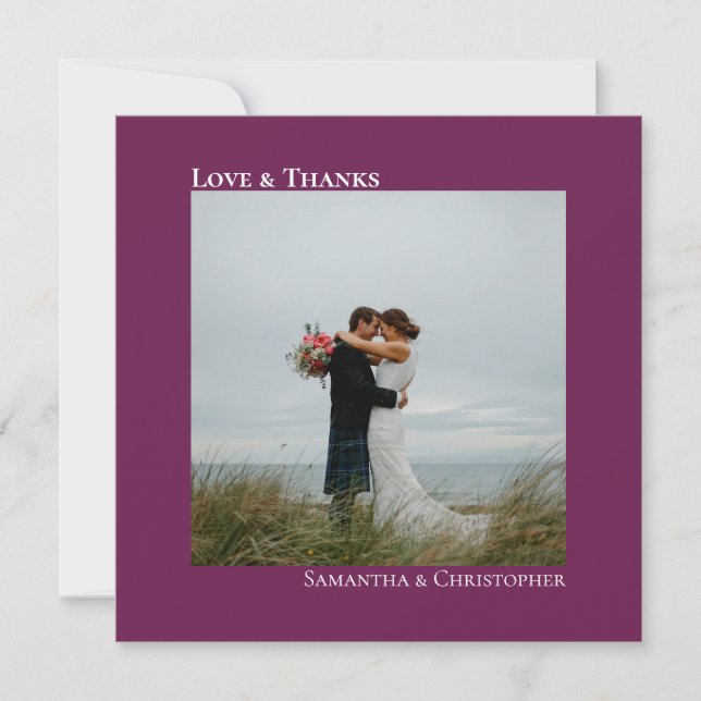 Love Thanks Cassis Purple Wedding Photo Thank You Card (Front)